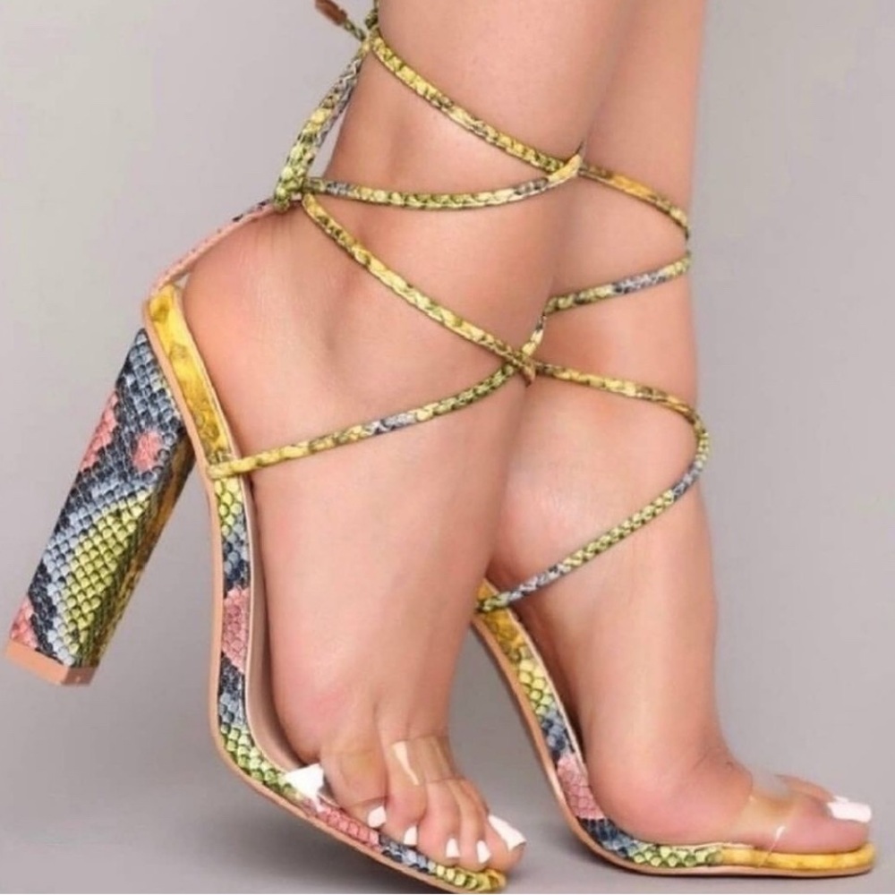 So Me Yellow and Pink Heels with Block Heel and Clear Strap